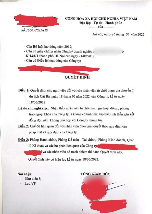 Từ chối đi du lịch cùng công ty, nhân viên ở Hà Nội bị đuổi việc: Người đại diện công ty nói gì?