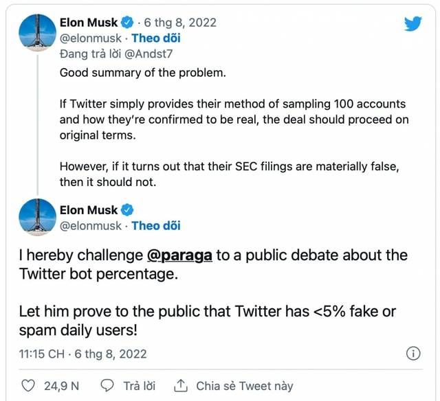 Elon Musk sẽ mua Twitter nếu họ chịu công bố số lượng tài khoản ảo