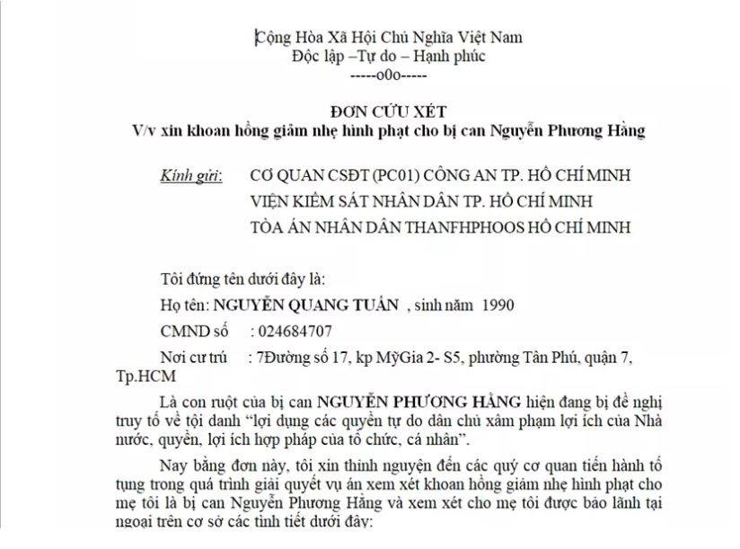 Con trai bà Nguyễn Phương Hằng gửi đơn xin giảm nhẹ hình phạt cho mẹ: 'Mẹ tôi đã nhận thức sai phạm'