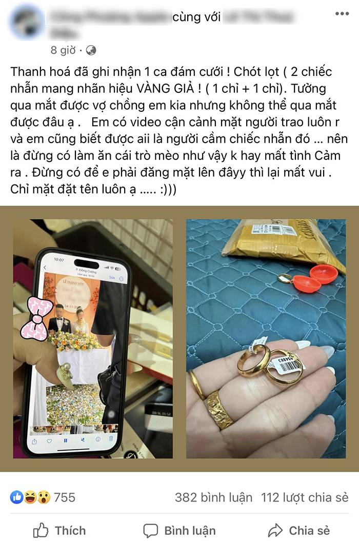 Kiểm quà cưới sau đám, chú rể phẫn nộ đăng đàn 'phốt' anh em thân thiết 'da dẻ' tặng 2 chiếc nhẫn vàng giả