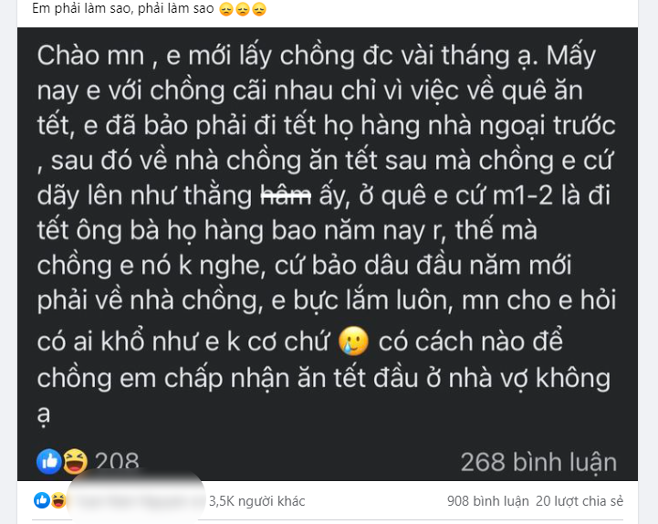 Lấy chồng được vài tháng, cô vợ 'nổi đóa' vì chồng không ăn Tết đầu ở nhà vợ: 'Có ai khổ như em không'