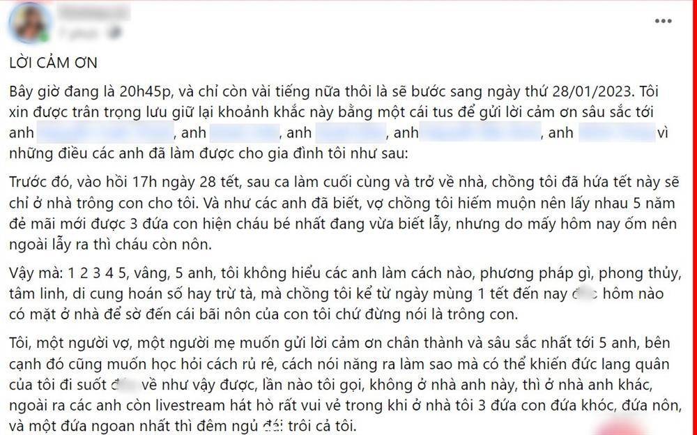 Cô vợ đăng bài 'dằn mặt' anh em xã đoàn rủ chồng đi chơi không về