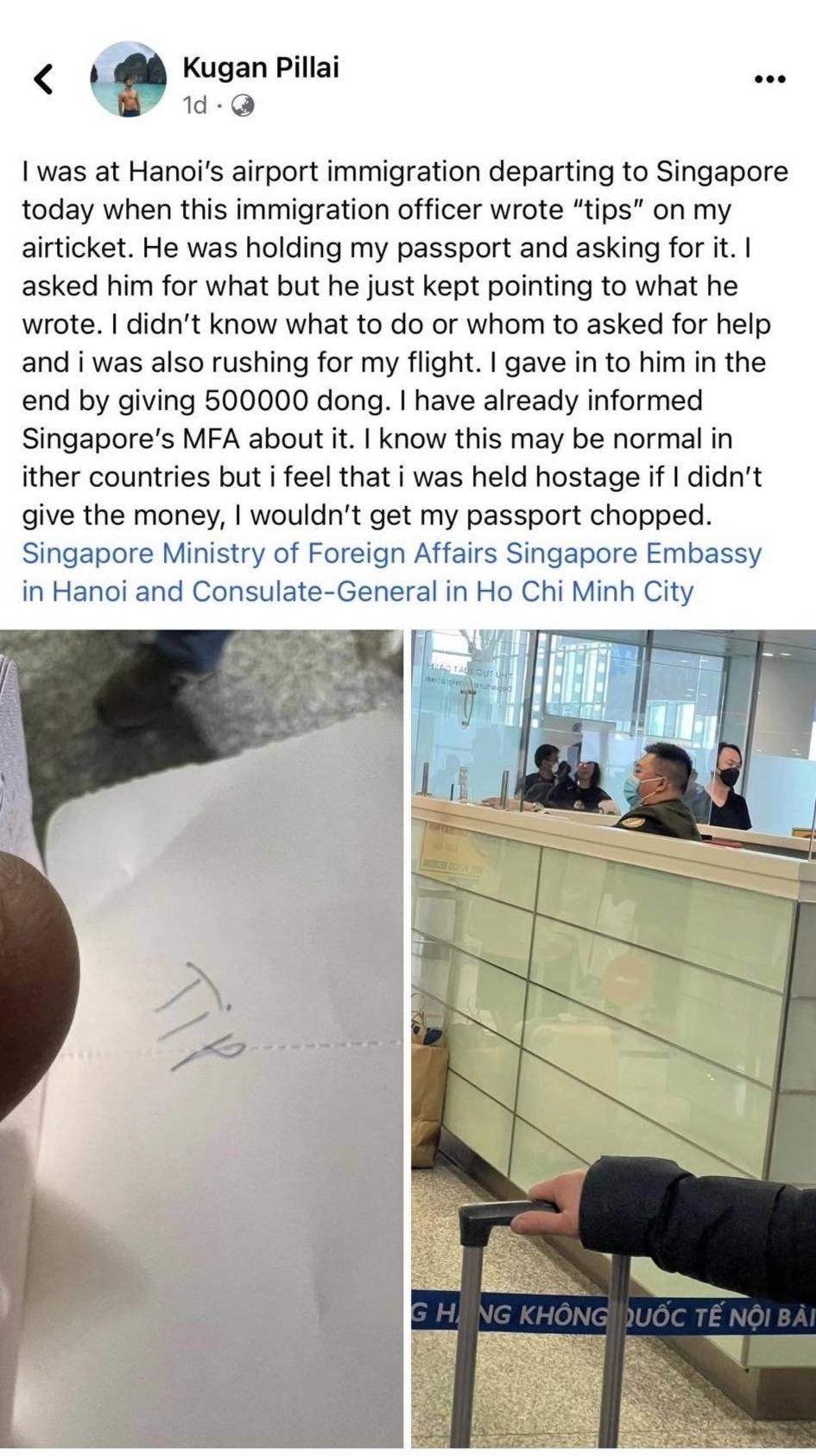 Xác minh thông tin hành khách người Singapore tố công an cửa khẩu Nội Bài đòi tiền 'tips'