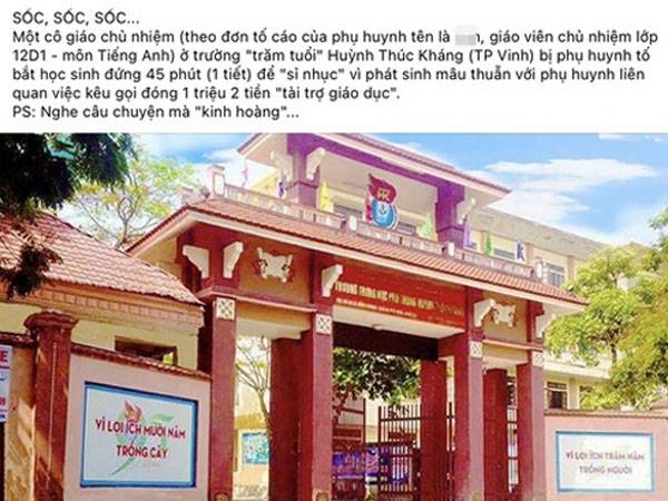 Giáo viên bị tố bắt học sinh đứng 45 phút vì mâu thuẫn tiền 'tài trợ giáo dục', Hiệu trưởng nói gì?